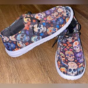 NEW SUGAR SKULL DAY OF DEAD CANVAS LOAFER SHOES WOMENS 8 SLIP ONS